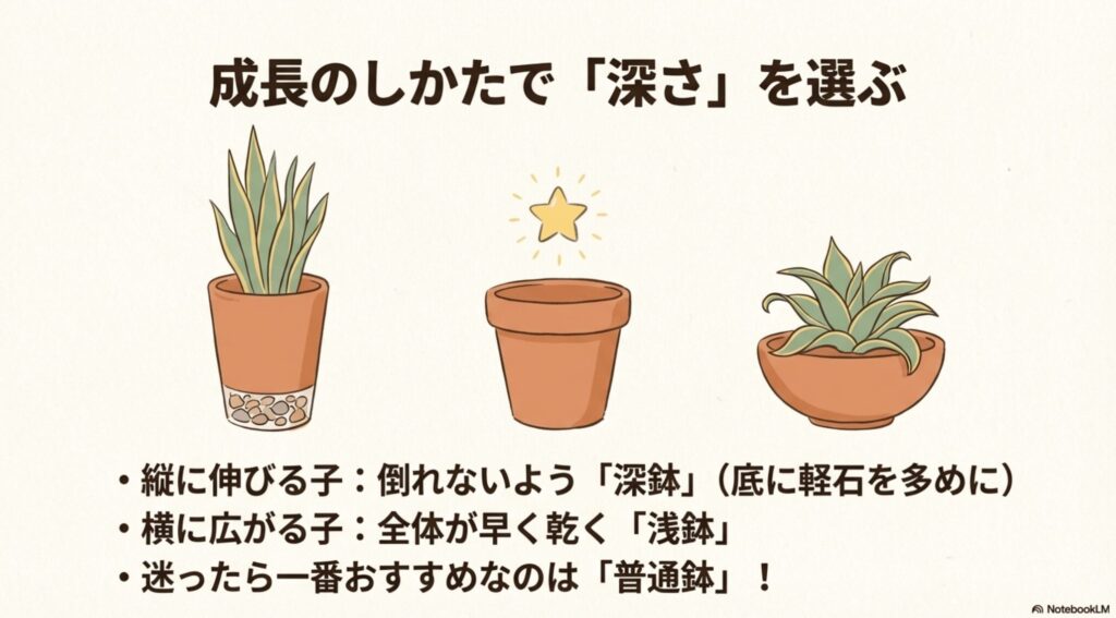 縦に伸びる品種向けの深鉢、横に広がる品種向けの浅鉢、迷った際におすすめの普通鉢という、成長に合わせた鉢の深さの選び方を解説したスライド。