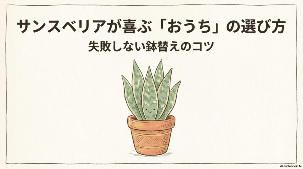 笑顔のサンスベリアのイラストがあしらわれた、サンスベリアの鉢選びと鉢替えのコツを示すタイトルスライド。