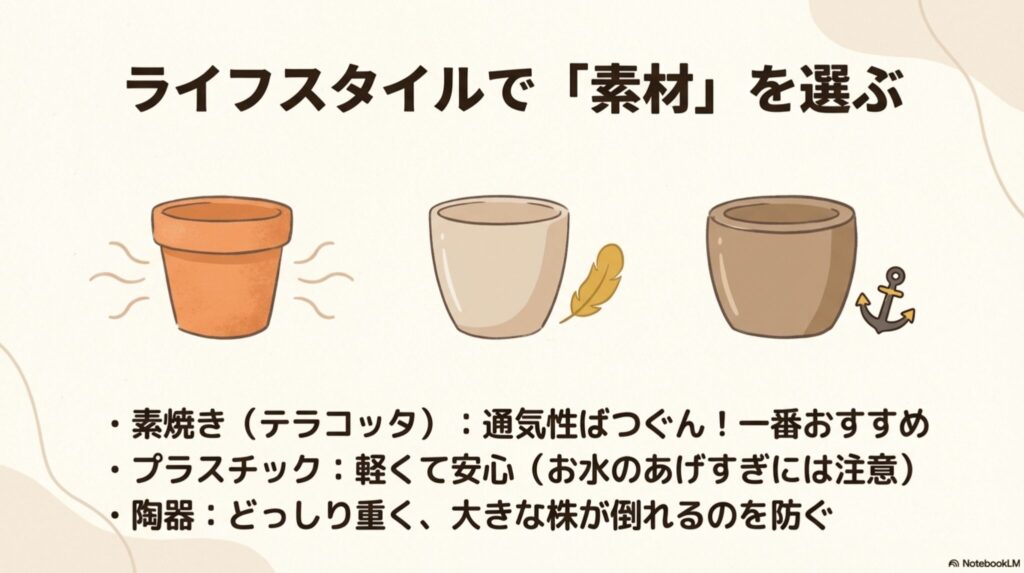 通気性抜群でおすすめの素焼き（テラコッタ）鉢や、重さで転倒を防ぐ陶器鉢など、ライフスタイルに合わせた鉢の素材選びを解説したスライド。