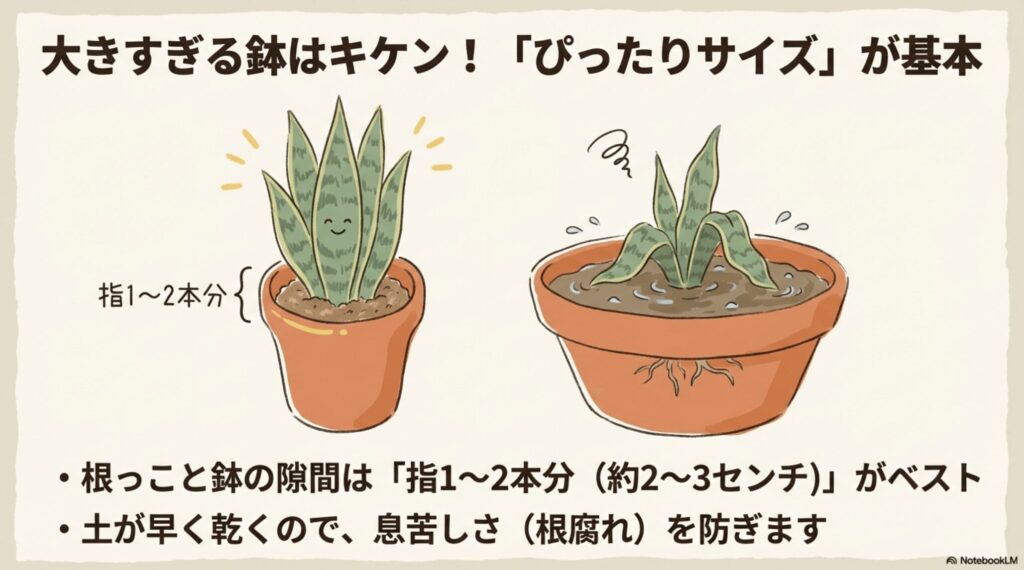 サンスベリアの根と鉢の隙間は指1〜2本分（約2〜3センチ）がベストであることを示す図解。大きすぎる鉢で息苦しくなり根腐れしている比較イラスト。