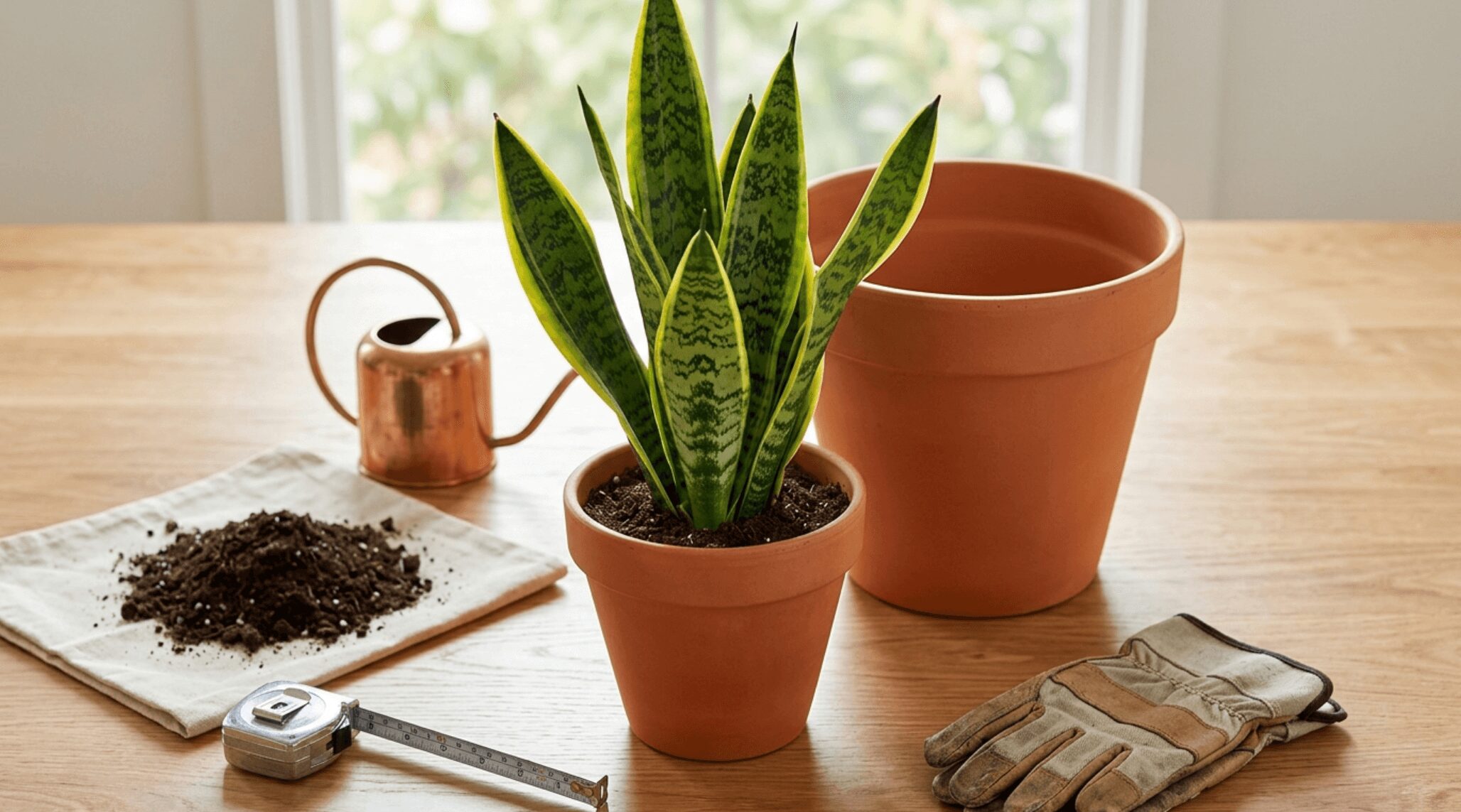 サンスベリアの鉢の大きさの選び方を解説するインフォグラフィック。縦に伸びるタイプと横に広がるタイプの成長に合わせた鉢の選び方を断面図で比較。左は土全体が均一に乾きやすい普通鉢、右は底に水分が滞留しやすい深鉢の説明。