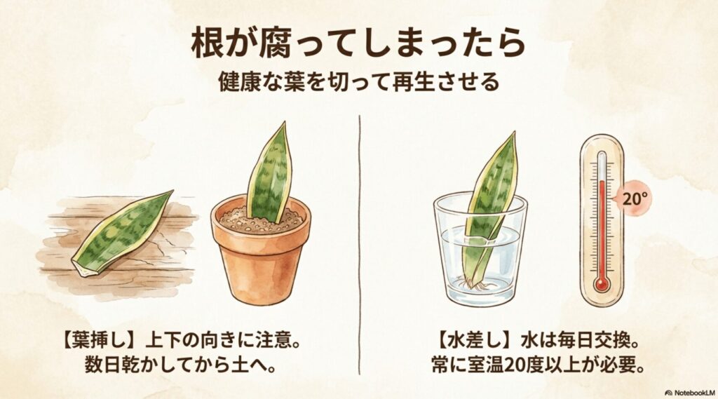 サンスベリアの根が腐ってしまったら、健康な葉を切って再生させる。数日乾かして土に挿す「葉挿し」と、室温20度以上で毎日水を替える「水差し」のアプローチ
