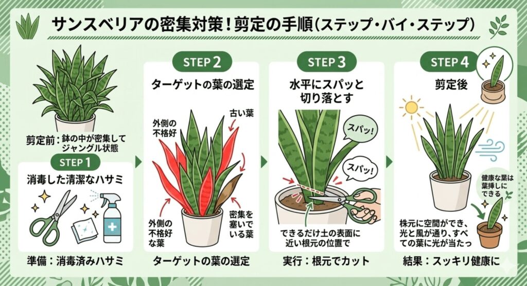 鉢の中で密集してジャングル状態になったサンスベリアを剪定する4つの手順。STEP1:消毒したハサミの準備、STEP2:外側の不格好な葉や古い葉をターゲットに選ぶ、STEP3:根元に近い位置で水平にカット、STEP4:株元に空間ができ風と光が通る様子。切り落とした健康な葉は葉挿しにできるという補足付き。
