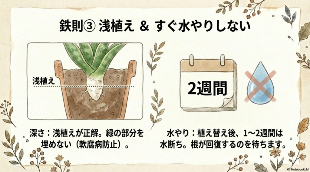 サンスベリアの株分けの鉄則3：緑の部分を土に埋めないように浅植えにし、植え替え後2週間は水やりをしない
