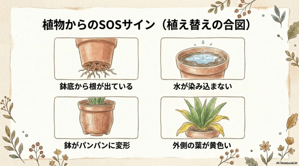 サンスベリアの植え替えを知らせるSOSサイン（鉢底からの根、水はけ悪化、鉢の変形、外側の葉の黄変）