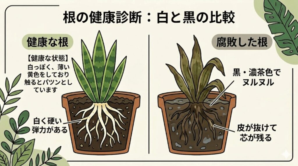 サンスベリアの健康な根（白くて硬く弾力がある）と、根腐れして腐敗した根（黒や濃茶色でヌルヌルしている）の違いを比較した図解イラスト
