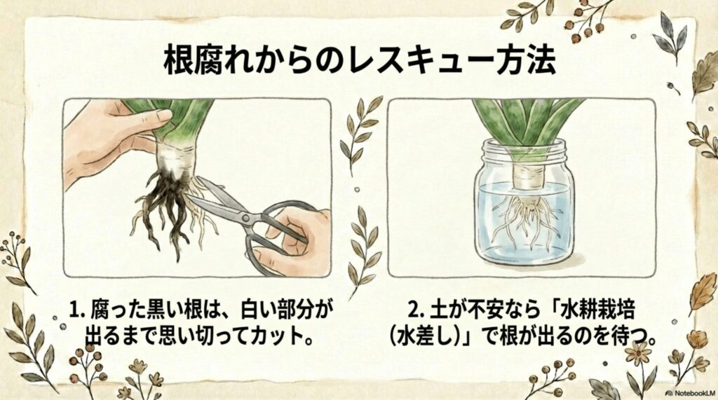 サンスベリアの根腐れからのレスキュー方法：腐った黒い根は白い部分が出るまでハサミで思い切ってカットする