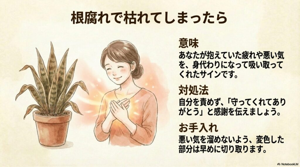 枯れかけたサンスベリアと胸に手を当てる女性のイラスト。根腐れは抱えていた疲れを吸い取ってくれたサインという解釈と、対処法について。