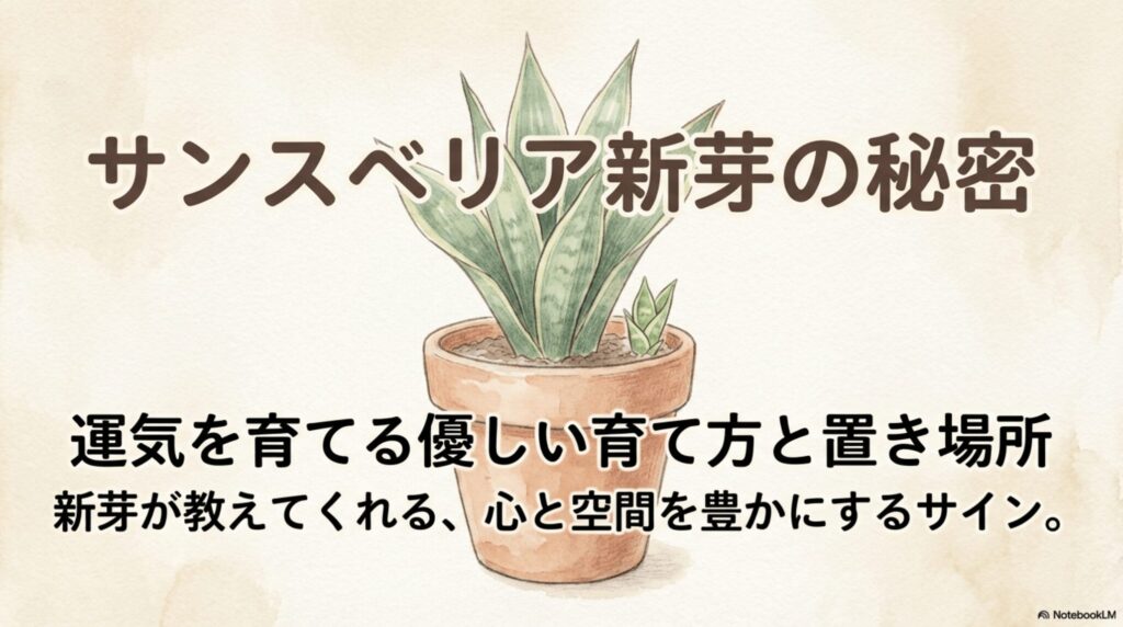 鉢植えのサンスベリアのイラスト。運気を育てる優しい育て方と置き場所についてのタイトルスライド 。