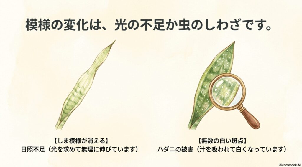 徒長して模様がなくなったサンスベリアの葉と、ハダニ被害で白い斑点が出た葉の拡大イラスト