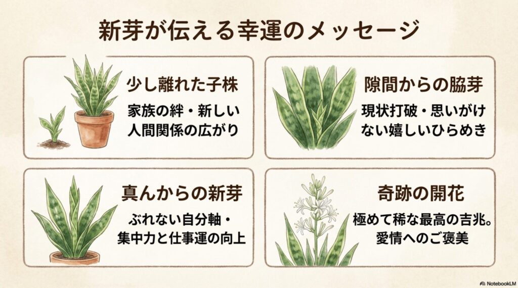 サンスベリアの子株、脇芽、真ん中からの新芽、お花が咲いた様子を描いたイラスト。家族の絆や現状打破など、それぞれのスピリチュアルな意味を解説 。