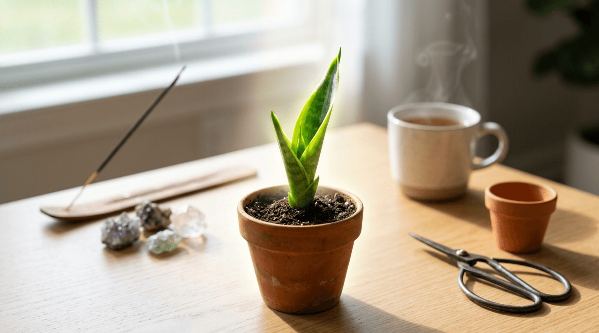 窓からの光に照らされたサンスベリアの新芽の鉢植えと、お香やクリスタルなどのスピリチュアルなアイテム。横にはお手入れ用のハサミと小さな鉢が置かれています。