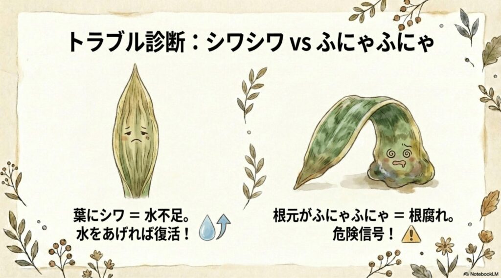 サンスベリアのトラブル診断：葉がシワシワなら水不足、根元がふにゃふにゃなら根腐れの危険信号