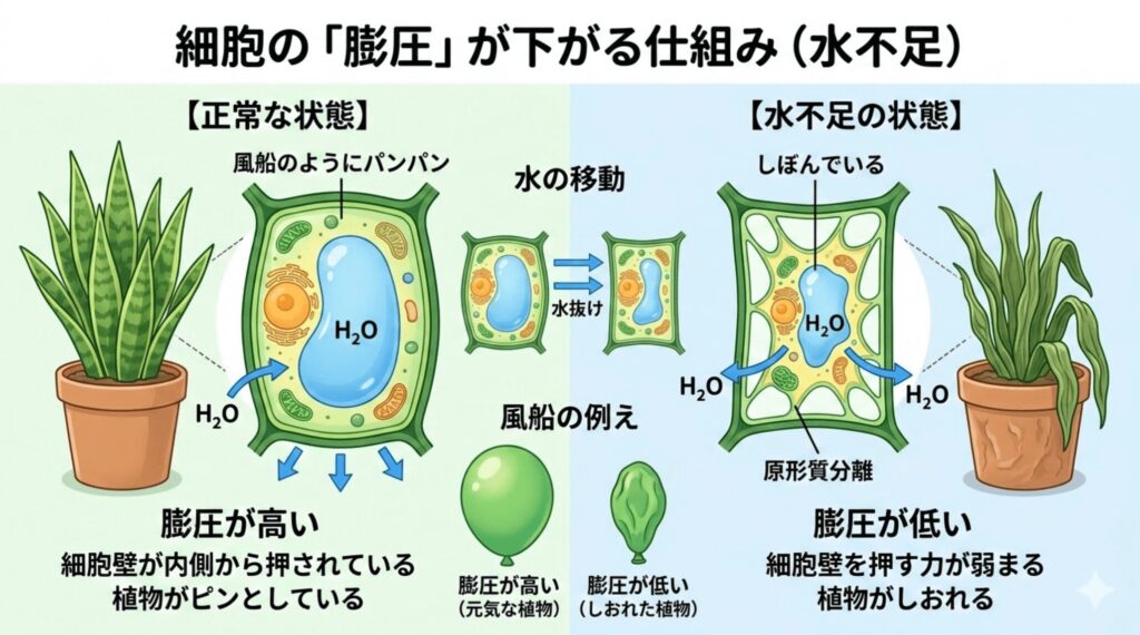 正常な状態と水不足でしおれたサンスベリアの比較図。細胞内の水分量が減って膨圧が下がり、植物がしおれる仕組みを風船に例えて解説しています。