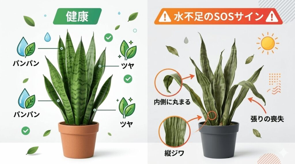 水分が足りてパンパンに張りがある健康なサンスベリアと、水不足のSOSサインとして「葉が内側に丸まる」「根元に縦ジワが入る」「全体の張りが喪失する」といった症状が出ているサンスベリアの比較図解。