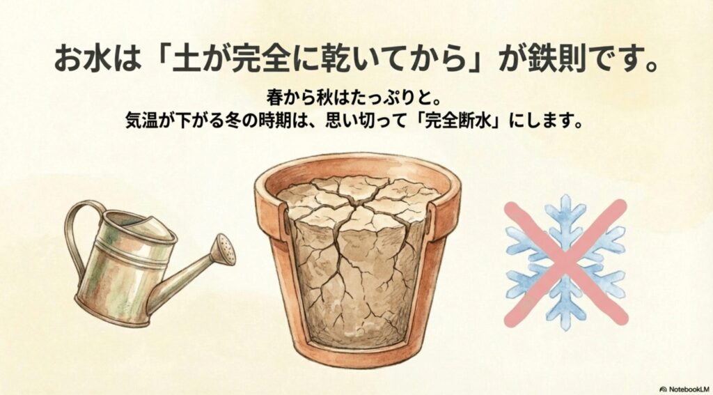 ジョウロと完全に乾いてひび割れた鉢土、冬の時期の完全断水を示す雪の結晶にバツ印のイラスト