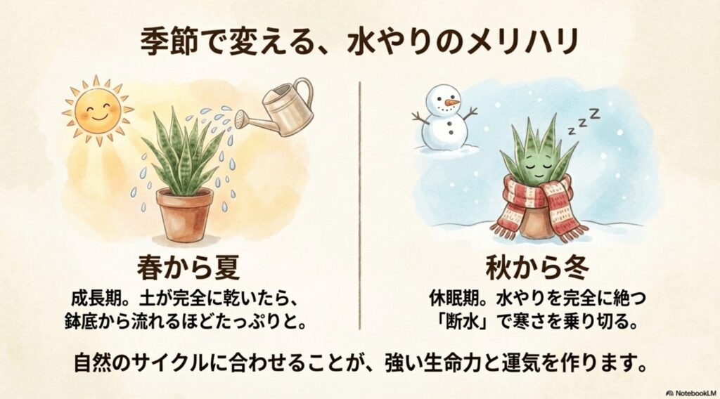 ジョウロで水をたっぷり与える様子と、マフラーを巻いて休眠するサンスベリアのイラスト。春夏と秋冬での水やりの違いを解説 。