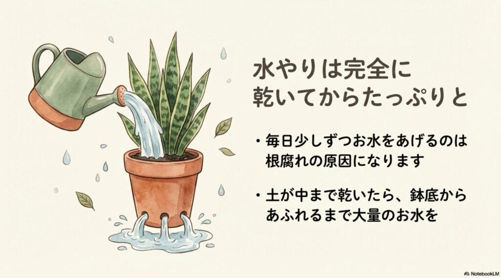 鉢底から水が溢れるまでたっぷりと水やりをしているイラストのスライド