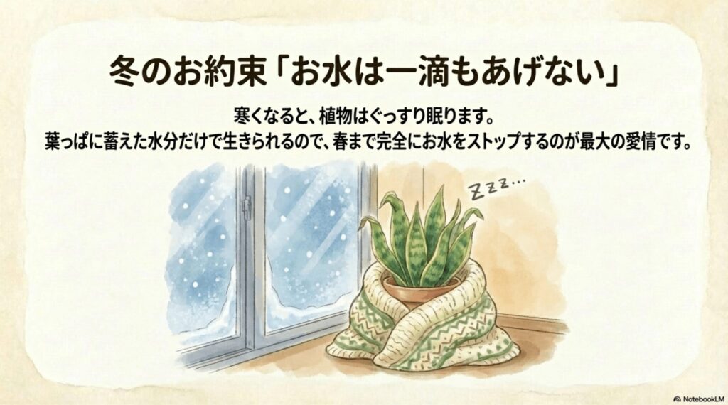 冬は休眠するため水やりを完全にストップするサンスベリア