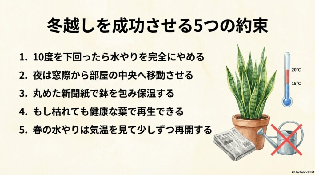 サンスベリアの冬越しを成功させる5つの約束。10度以下での完全断水、夜は部屋の中央へ移動、新聞紙での保温、枯れた場合の再生、春の水やり再開の注意点