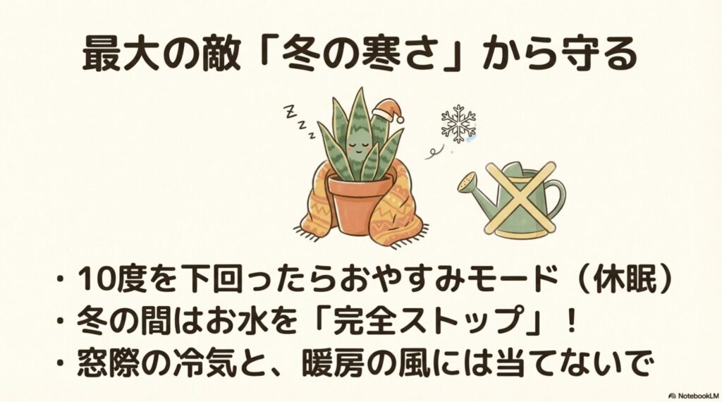 毛布にくるまって休眠するサンスベリアのイラストと、10度を下回ったら冬の間は水やりを完全ストップすることを示すバツ印のついたジョウロの図。
