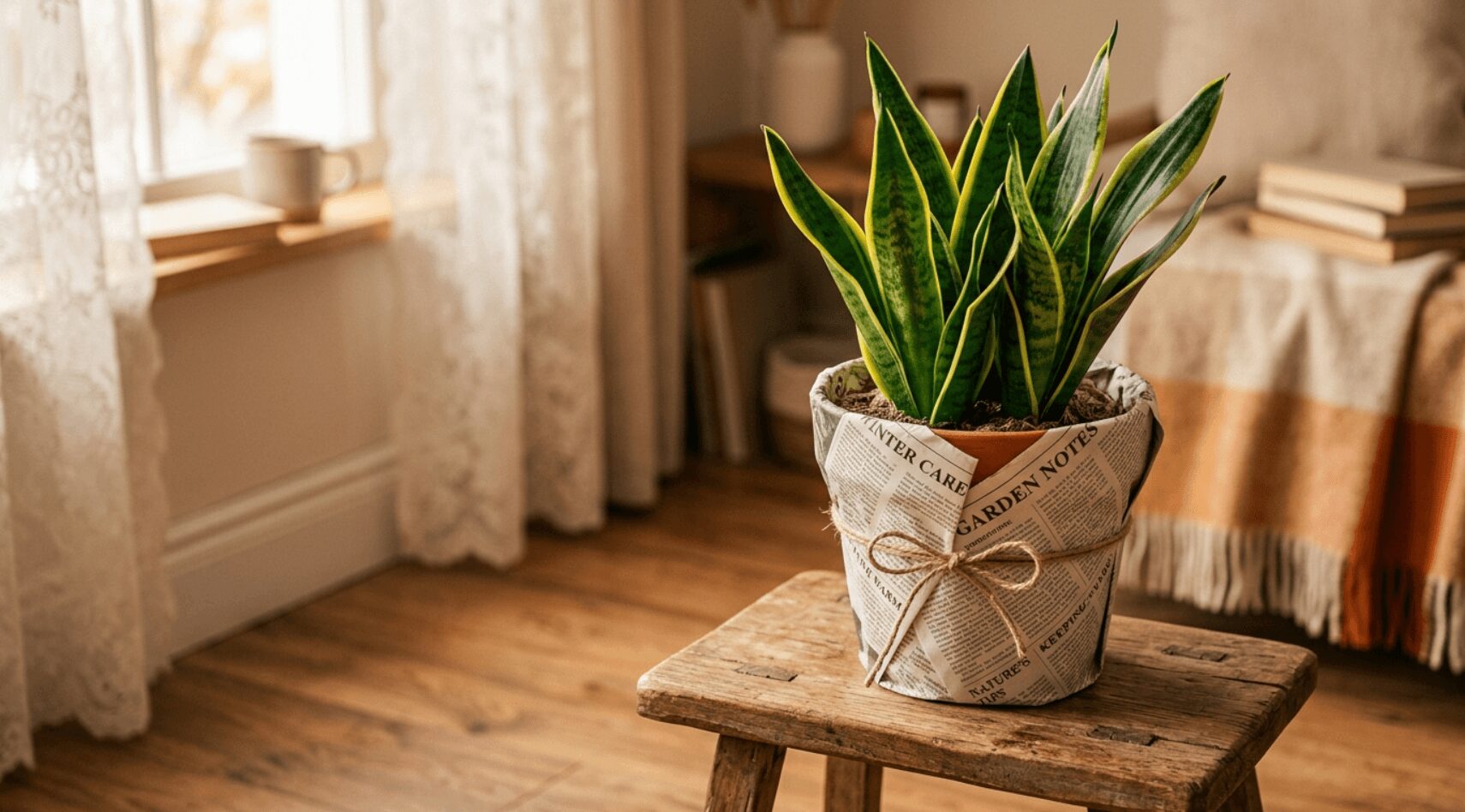 「サンスベリアの冬越しは新聞紙で暖かく!お部屋でできる簡単な寒さ対策」のアイキャッチ画像。あたたかい室内の木製スツールの上に置かれた、鉢を英字新聞で包み麻紐で結んで寒さ対策をしているサンスベリアの鉢植え。