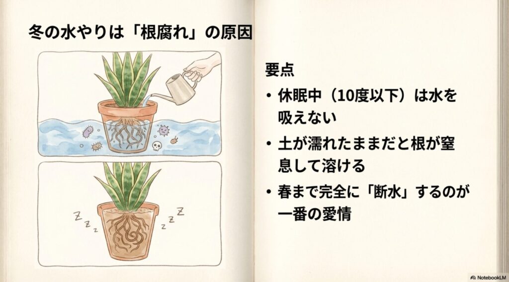 冬の水やりは根腐れの原因。休眠中でお水を吸えないサンスベリアの土が濡れたままになり、根が窒息して溶けている様子