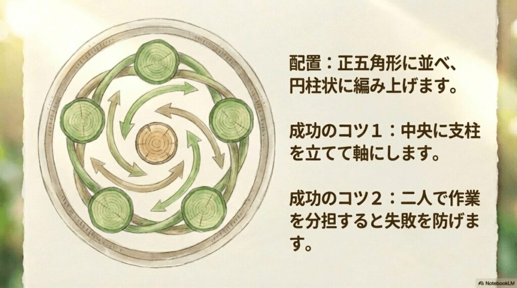 パキラの5本編みを成功させるための配置方法や、支柱を使った裏技、二人での作業を推奨するイラスト