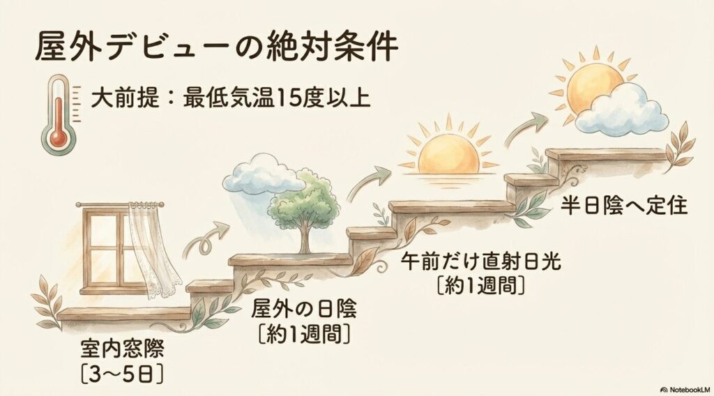 パキラを室内から屋外へ移す順化プロセスと、最低気温15度の絶対条件
