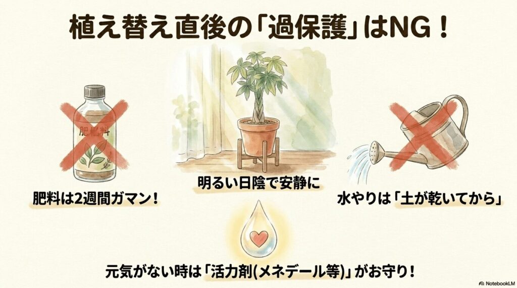 パキラの植え替え直後は肥料を与えず、明るい日陰で安静にし、水やりは土が乾いてから行う
