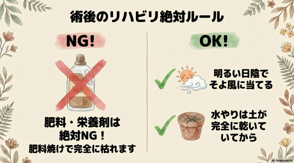 パキラの植え替えや挿し木の手術後に守るべき絶対ルール(肥料NG、明るい日陰、水やりは完全に乾いてから等)の図解