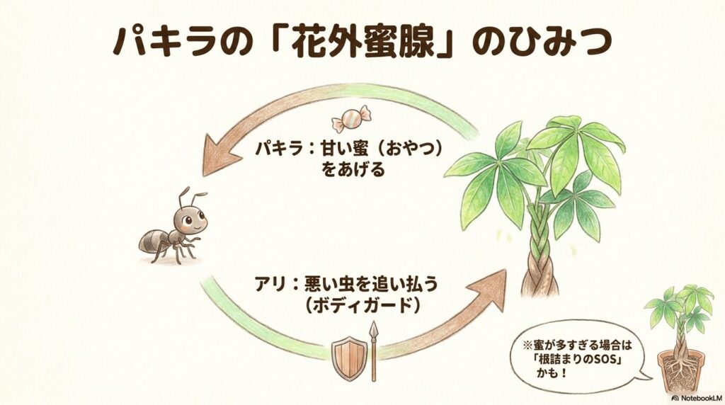 パキラが甘い蜜を出し、アリが悪い虫を追い払うボディガードの役割をしていることを表した図解