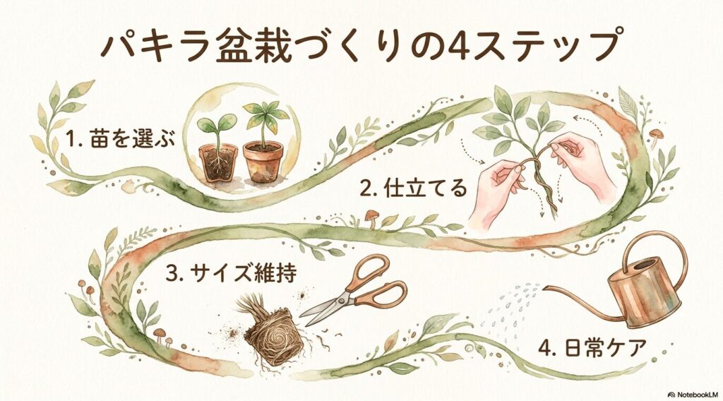 パキラ盆栽づくりの4ステップ（1.苗を選ぶ、2.仕立てる、3.サイズ維持、4.日常ケア）を図解したスライド画像