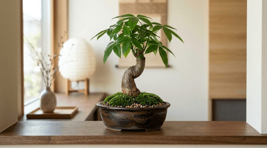和モダンな部屋の木製カウンターに飾られた、太く曲がった幹がおしゃれなミニサイズのパキラの盆栽