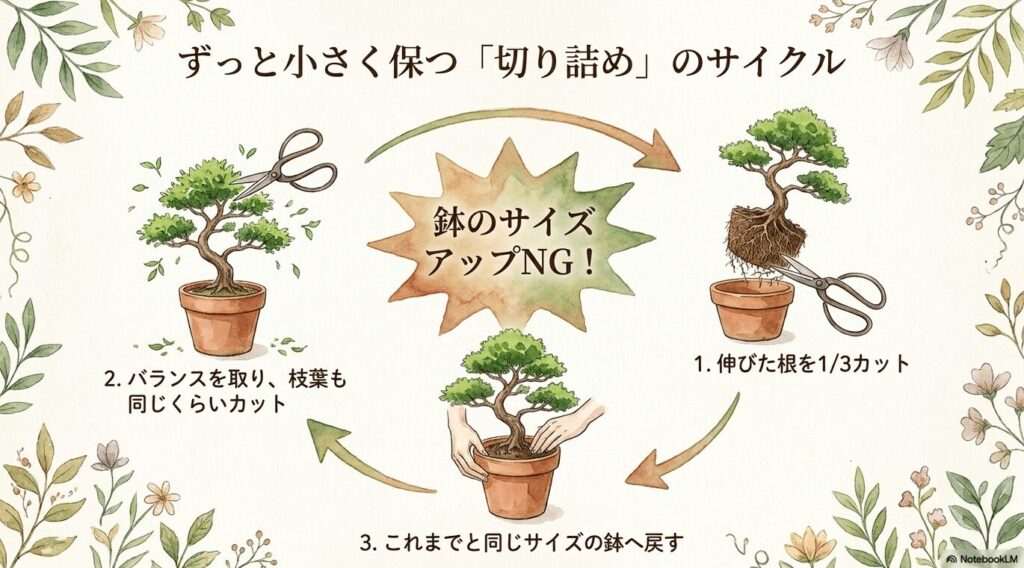 パキラをずっと小さく保つために、伸びた根と枝葉をカットし、同じサイズの鉢へ戻す切り詰めのサイクルを図解したイラスト画像