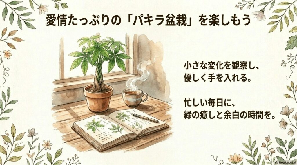 日差しが入る窓辺に置かれたパキラの盆栽とコーヒー、ノートが描かれたリラックスできる時間のイラスト画像