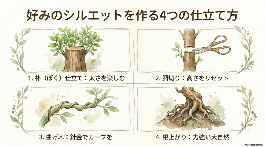 パキラの好みのシルエットを作る4つの仕立て方（朴仕立て、胴切り、曲げ木、根上がり）のイラスト画像