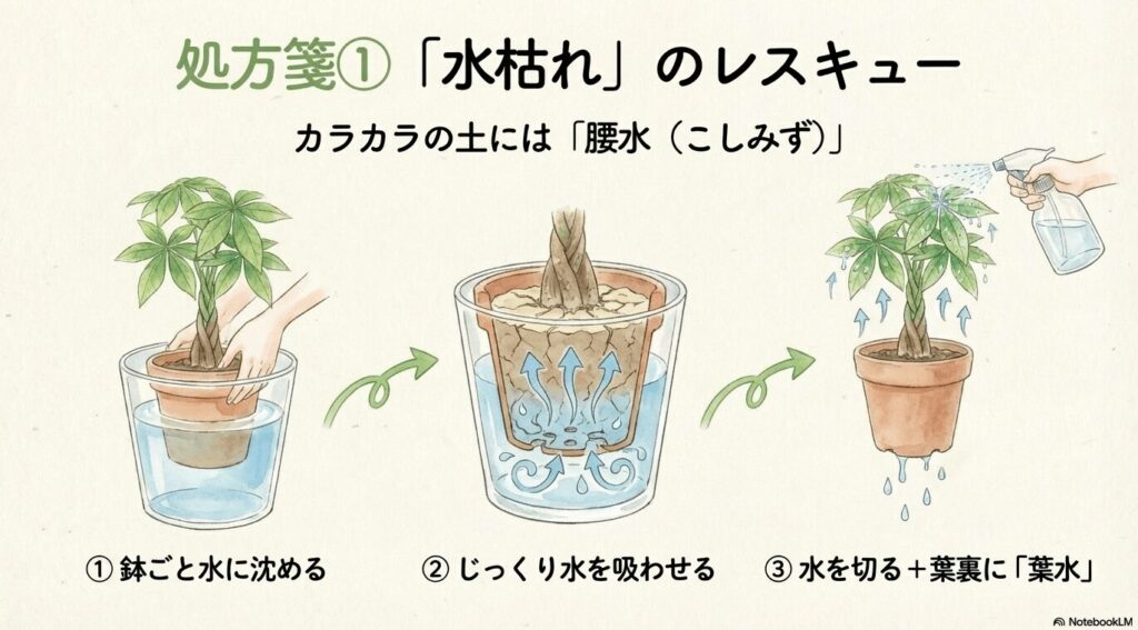 水枯れ時の処方箋である腰水の手順 。パキラを鉢ごと水に沈め、じっくり水を吸わせたあとに水を切り、葉裏に葉水をするイラスト 。