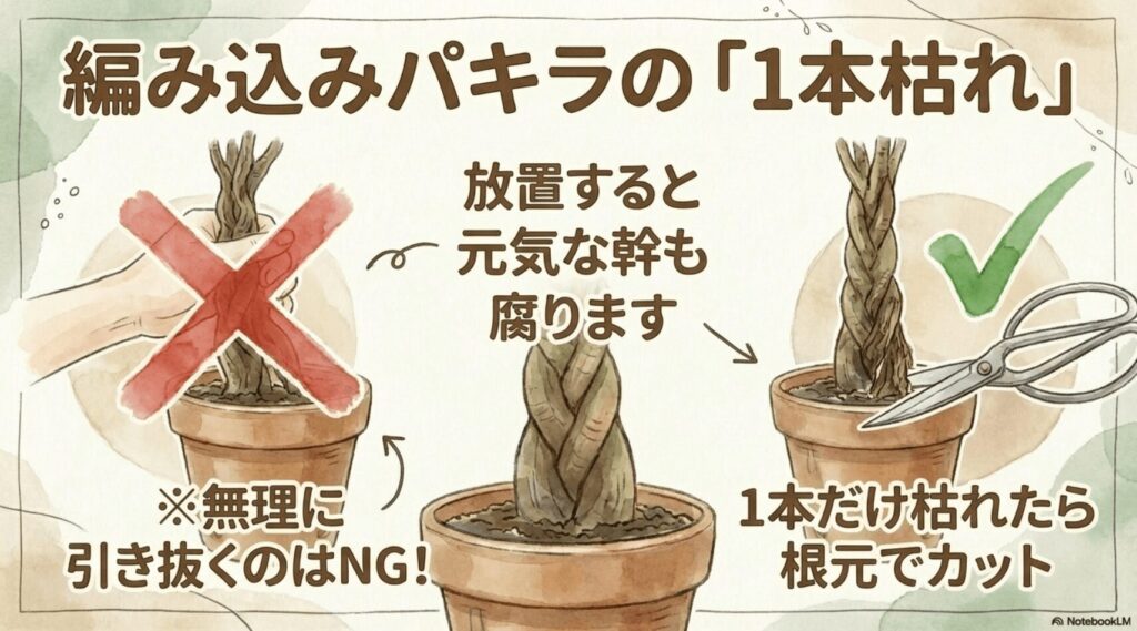 編み込みパキラの1本が枯れたら無理に引き抜かず根元でカットする