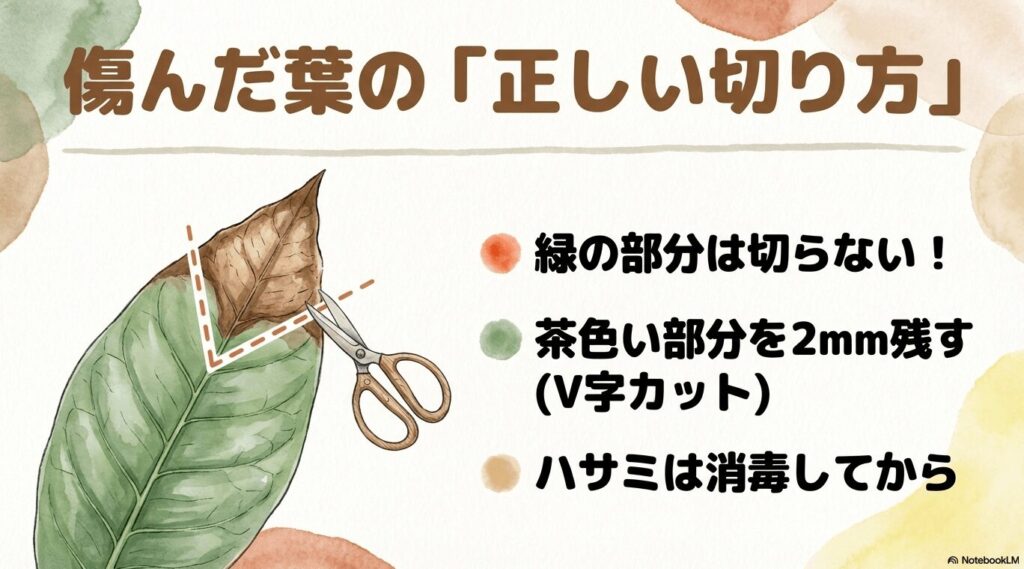 パキラの茶色くなった葉先を緑の部分を残してV字にカットする方法