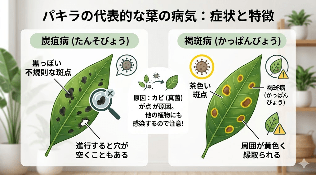 パキラの葉に茶色や黒の斑点ができる「炭疽病」と「褐斑病」の特徴を図解したイラスト。葉先が茶色に枯れる原因とは異なり、カビ（真菌）が原因で他の植物にも感染するため注意が必要です。