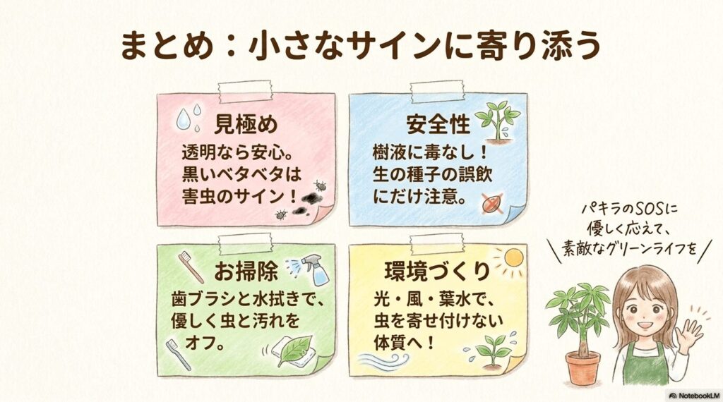 樹液の見極め、お掃除、安全性、環境づくりの4つのポイントを振り返る総まとめの図