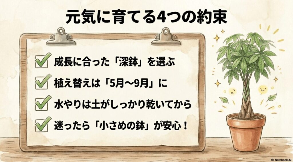 パキラの鉢選びと植え替えのまとめ(深鉢を選ぶ、植え替えは5〜9月、水やりは土が乾いてから、迷ったら小さめの鉢を選ぶ)