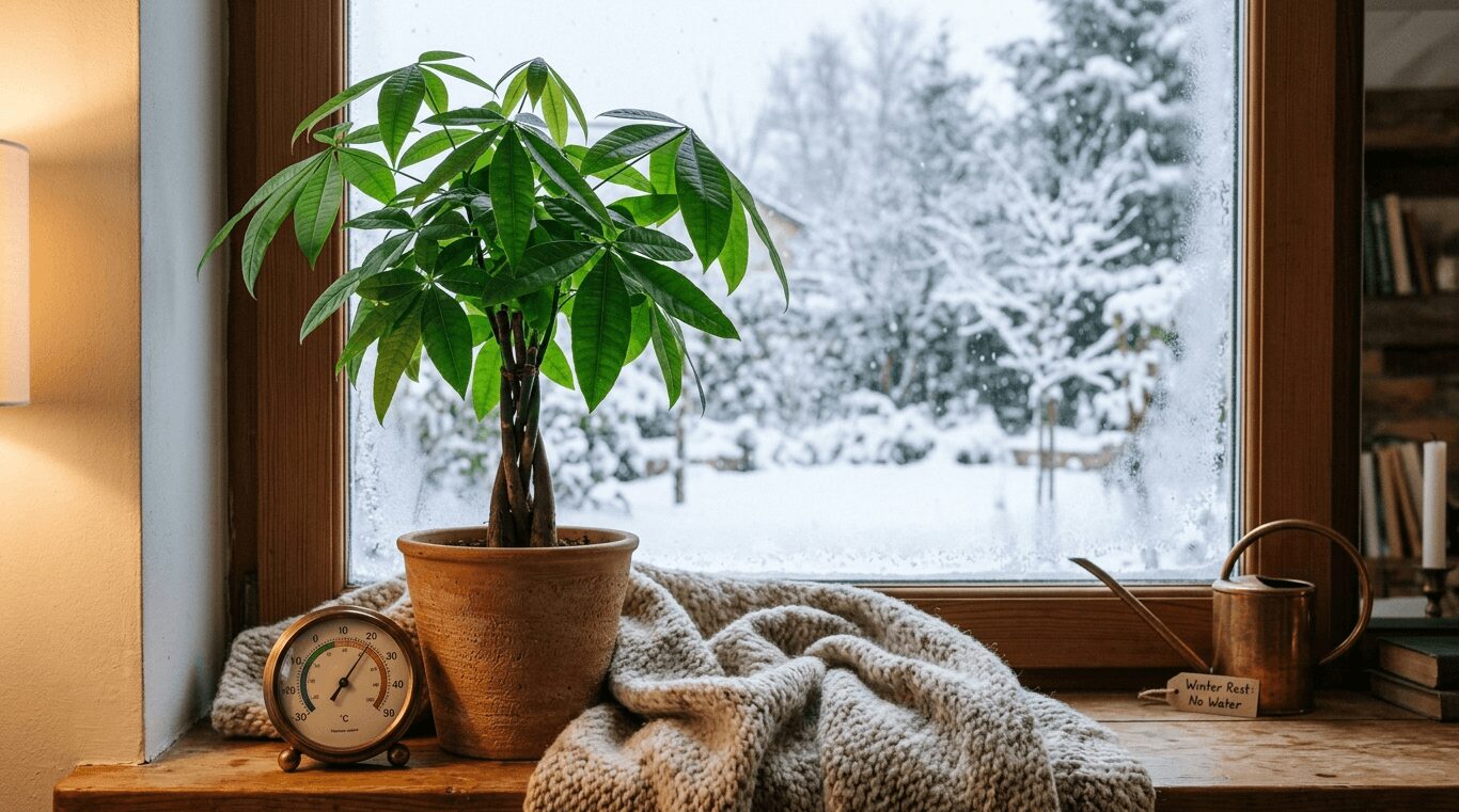 雪景色が見える冬の窓辺で、寒さ対策のニットブランケットや温度計とともに大切に置かれたパキラの鉢植え。「Winter Rest: No Water（冬の休眠：水やり不要）」の札がついたジョウロが添えられている。記事「初心者必見！パキラの耐寒性と冬の置き場所・寒さ対策マニュアル」のアイキャッチ画像。