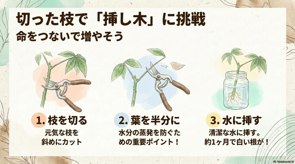 パキラの剪定した枝を斜めにカットし、葉を半分に切って水分の蒸発を防いだ後、清潔な水に挿して発根させるまでの手順を図解したもの