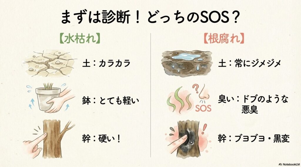パキラのSOS診断表 。水枯れは土がカラカラで鉢がとても軽い状態 。根腐れは土が常にジメジメしており、ドブのような悪臭がして幹がブヨブヨ・黒変する状態 。