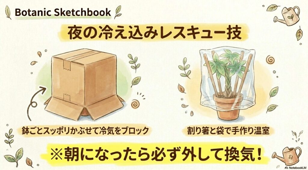 夜の冷え込みレスキュー技として、鉢ごとスッポリかぶせて冷気をブロックするダンボールや、割り箸と袋で作る手作り温室のイラスト