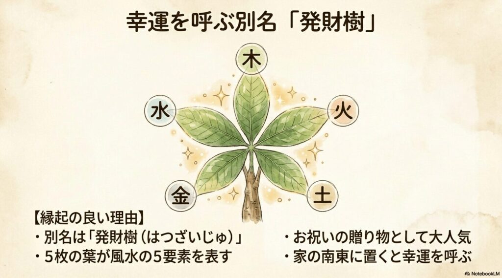 パキラの5枚の葉が表す風水の5要素（木・火・土・金・水）のイラスト