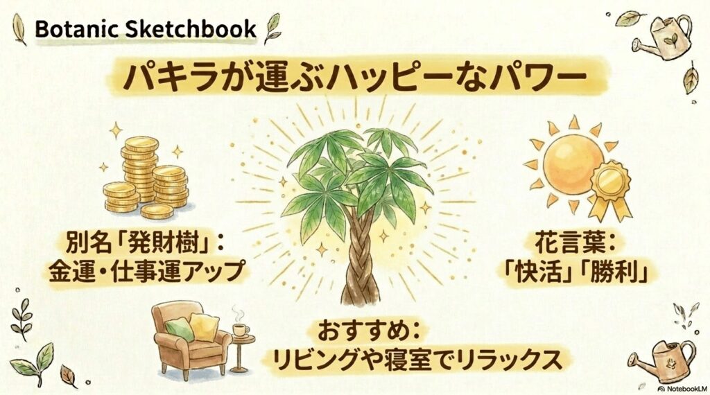 別名「発財樹」と呼ばれ金運・仕事運アップのハッピーなパワーを持ち、花言葉に「快活」「勝利」を持つキラキラと輝くねじりパキラとコインのイラスト
