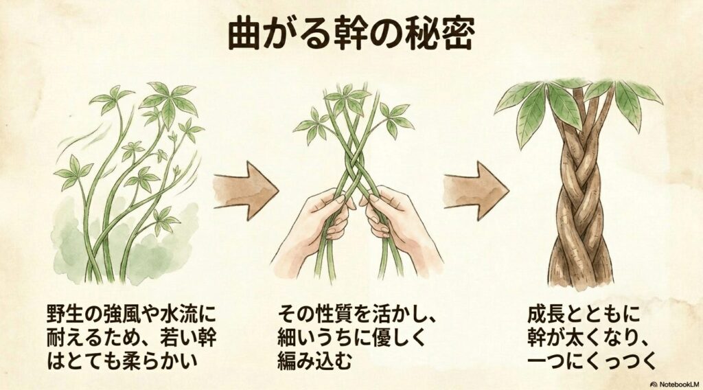 若くて柔らかいパキラの幹を利用した編み込み（三つ編み）の仕立て方イラスト